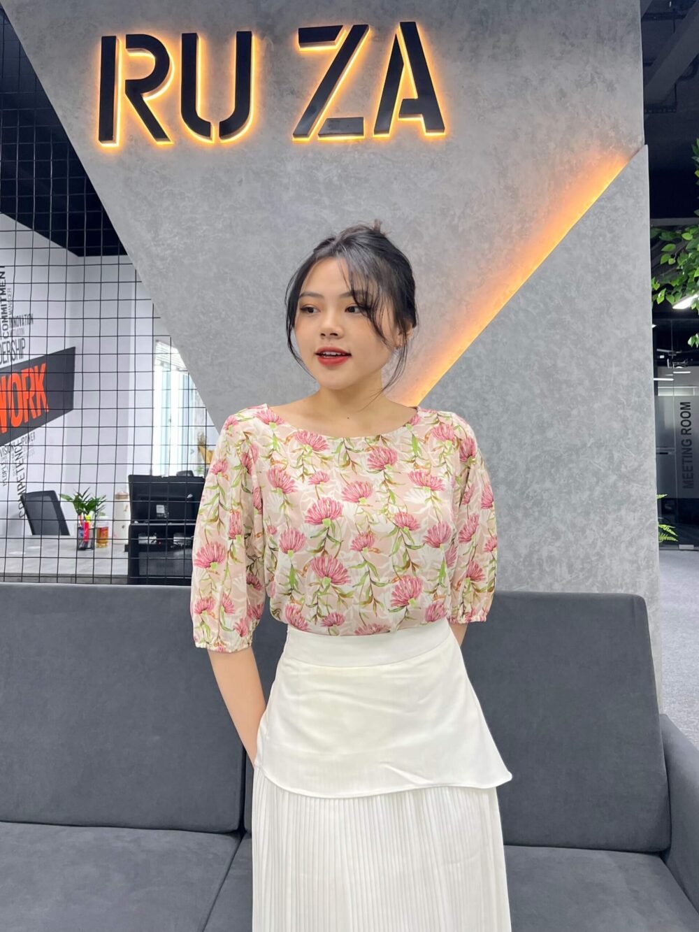 Sơ mi tay ngắn AL 042 139 hồng họa tiết p1