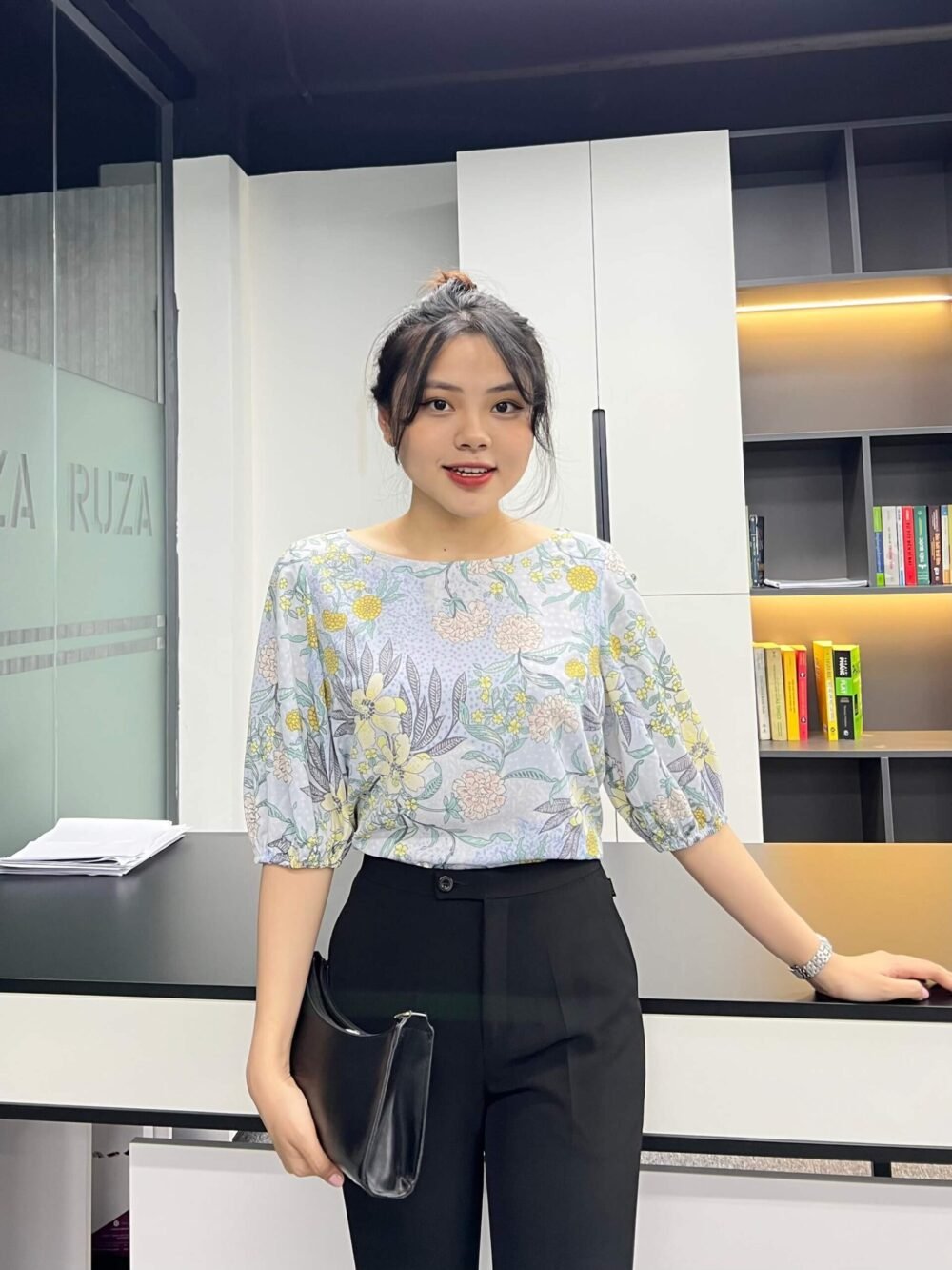 Sơ mi tay ngắn AL 042 139 xanh họa tiết