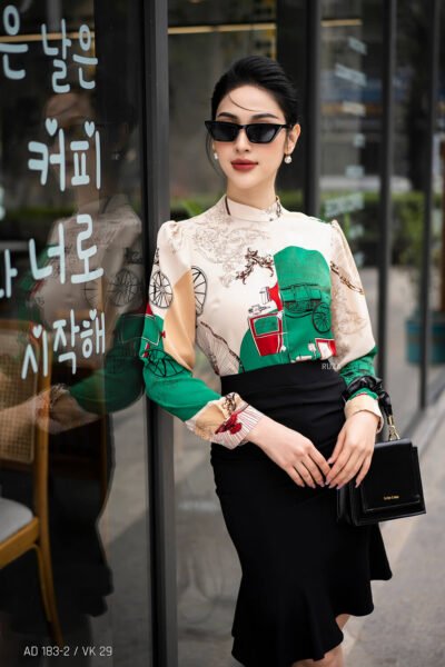 Áo sơ mi tay dài AD 183-2 be họa tiết pc 1