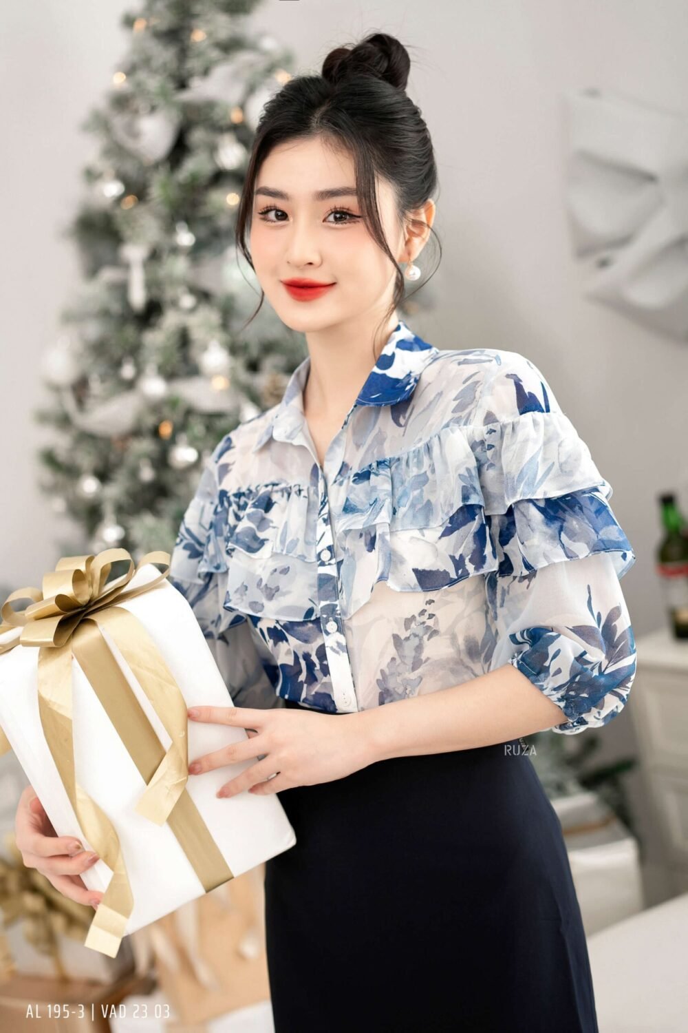 Áo sơ mi tay lỡ AL 195-3 xanh họa tiết pc2