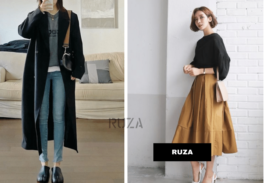Phối đồ với áo khoác dạ - Phối đồ cho người gầy với chân váy xòe