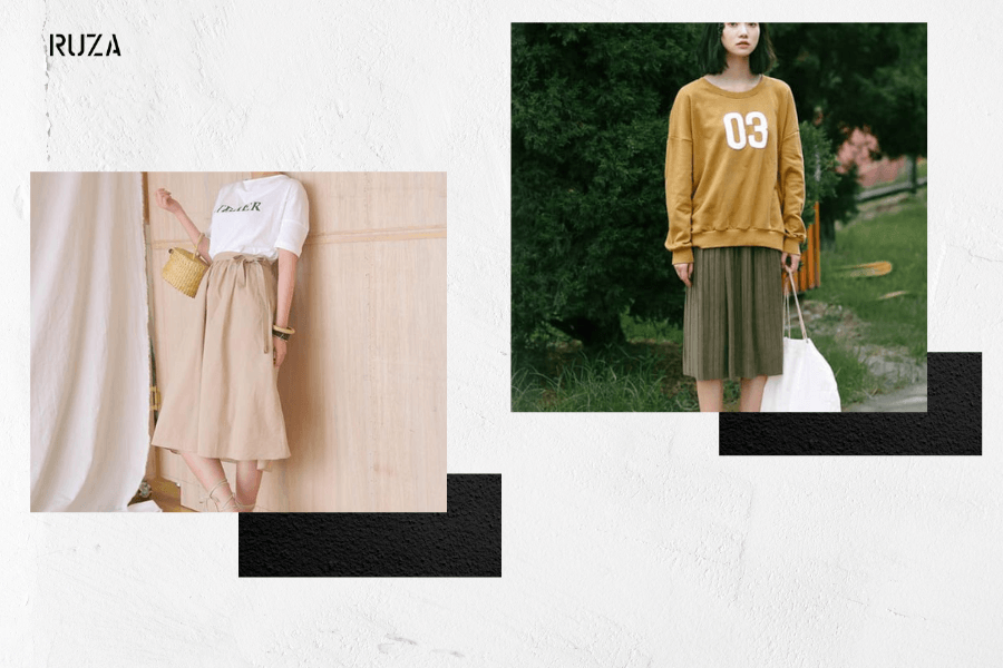 Sweatshirt phối với chân váy midi