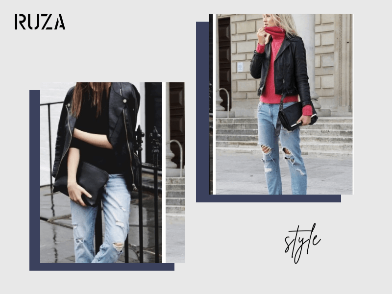 Áo khoác da và quần jeans