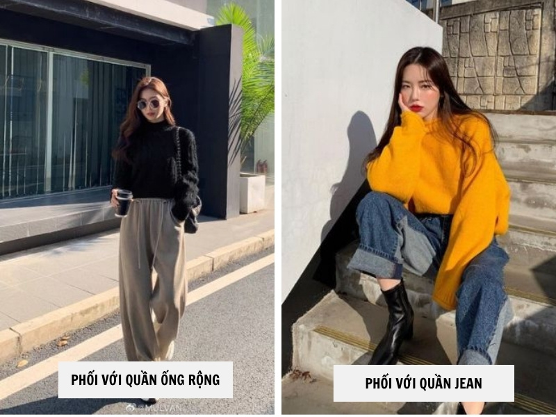 10 Cách Phối Đồ Với Áo Len Cổ Lọ Ấm Áp Mà Vẫn Sành Điệu 13 Phối áo len cổ lọ với quần ống rộng - quần jean