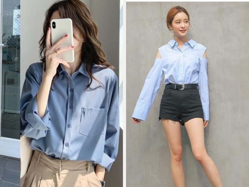 7+ Cách Phối Đồ Với Áo Sơ Mi Xanh Dương Nữ Đẹp 2024 10 Kết hợp áo sơ mi xanh dương với quần kaki - quần short