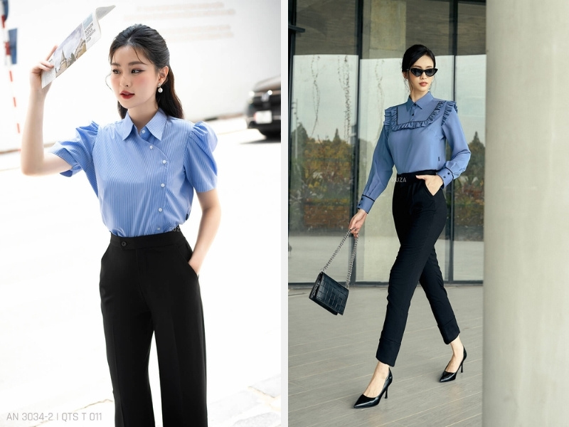 7+ Cách Phối Đồ Với Áo Sơ Mi Xanh Dương Nữ Đẹp 2024 11 Kết hợp áo sơ mi xanh dương với quần ống rộng - quần tây đen