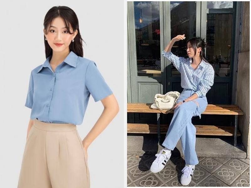 7+ Cách Phối Đồ Với Áo Sơ Mi Xanh Dương Nữ Đẹp 2024 12 Kết hợp áo sơ mi xanh dương với quần be - quần jean