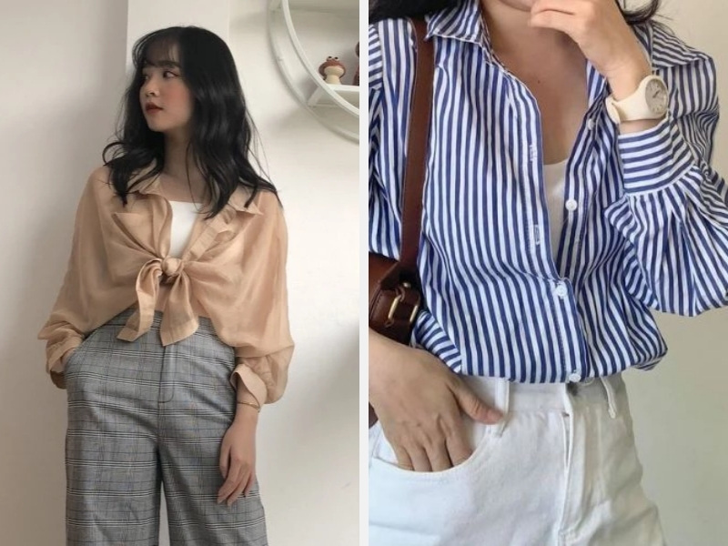 7 Cách Phối Áo Sơ Mi Với Áo Thun Nữ Theo Xu Hướng 9 Tạo croptop bằng cách cột tà áo sơ mi và vắt chéo áo sơ mi