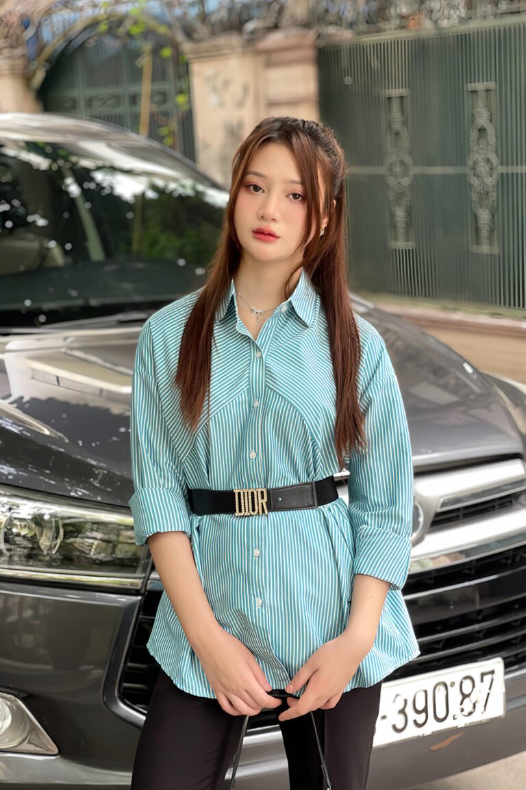 Áo sơ mi tay dài oversize ADO103 sọc xanh lá pc1