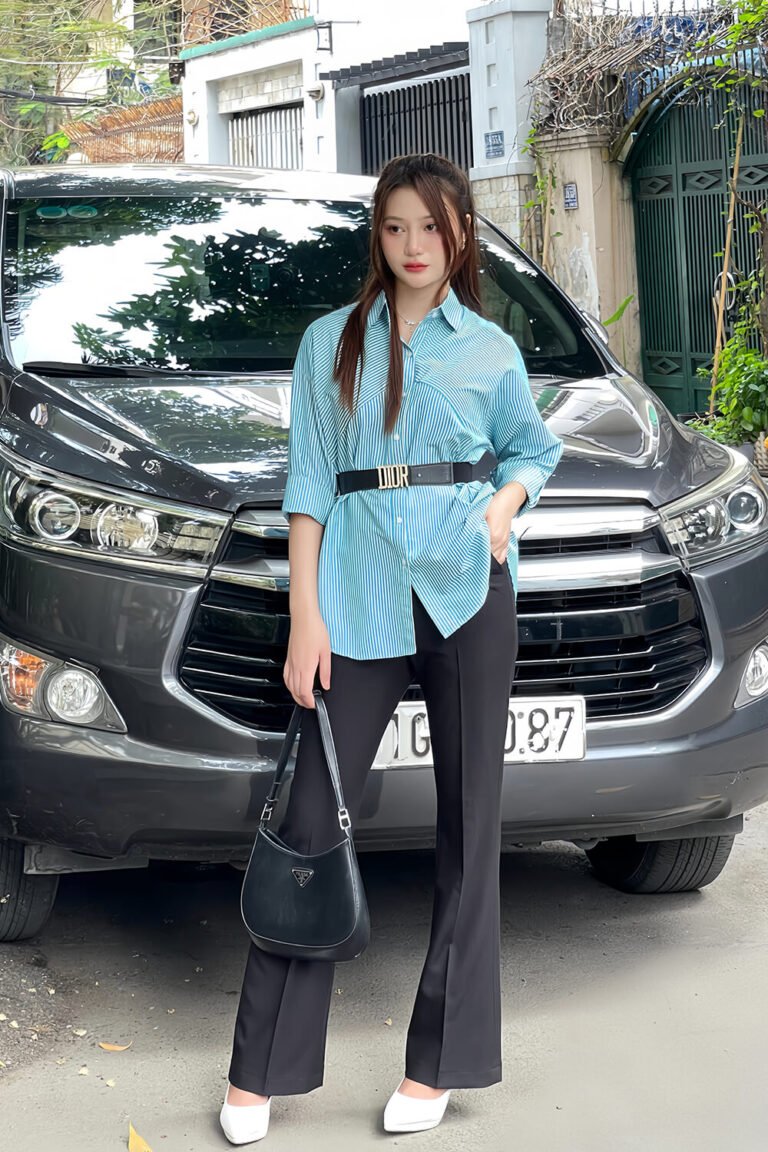 Áo sơ mi tay dài oversize ADO103 sọc xanh lá pc3