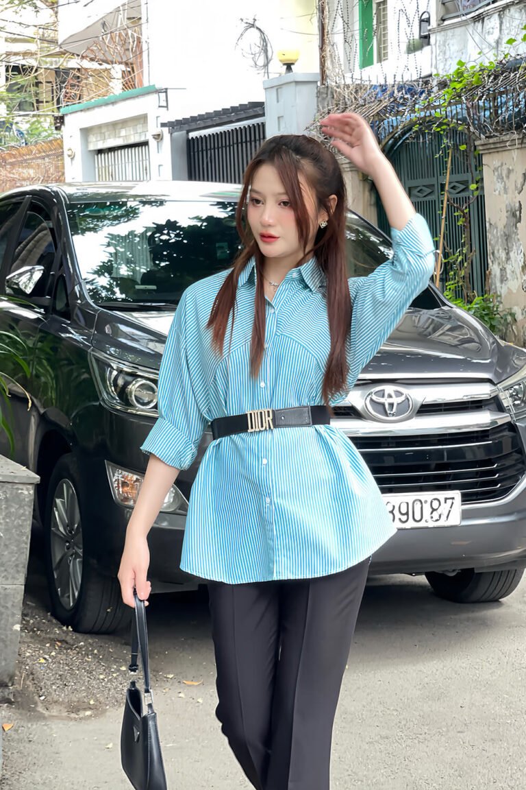 Áo sơ mi tay dài oversize ADO103 sọc xanh lá pc4