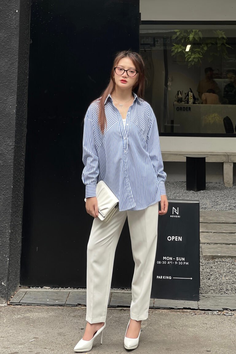 Áo sơ mi tay dài oversize ADO103 sọc xanh dương pc3