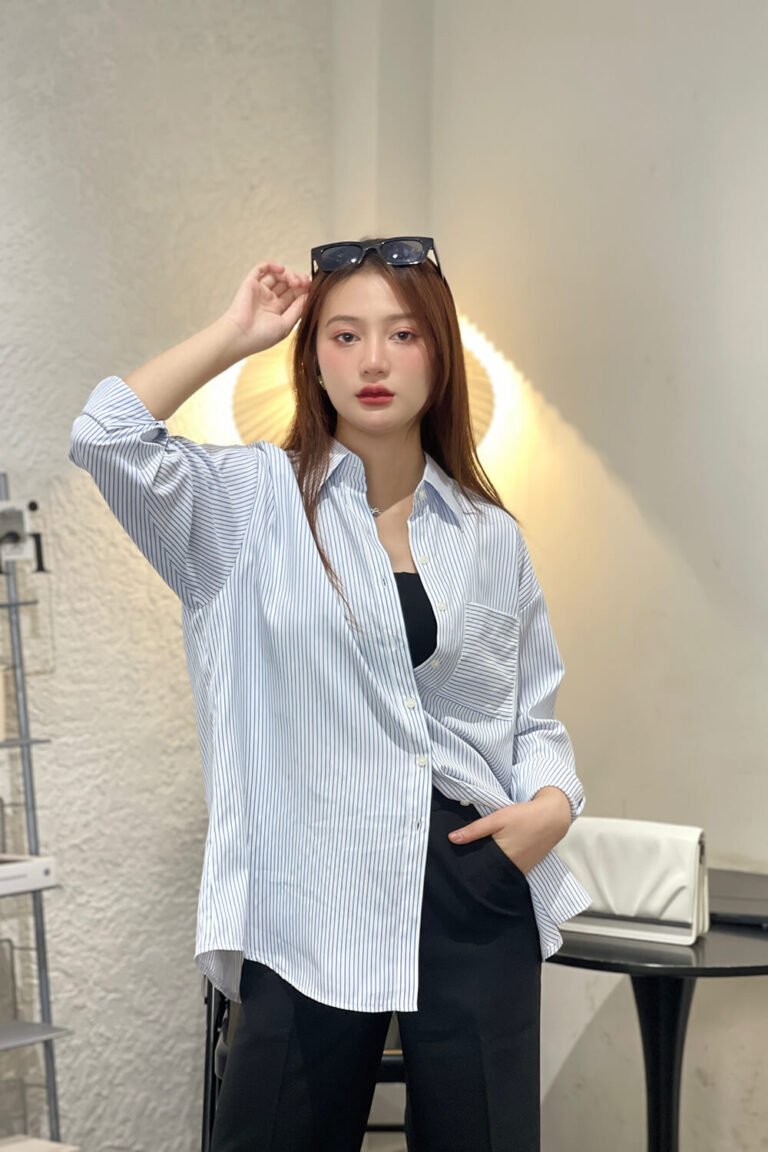 Áo sơ mi tay dài oversize ADO104 sọc xanh pc2