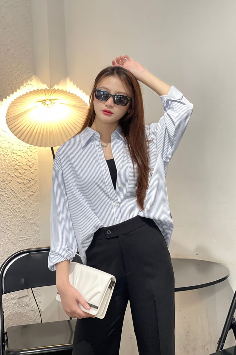 Áo sơ mi tay dài oversize ADO104 sọc xanh pc4