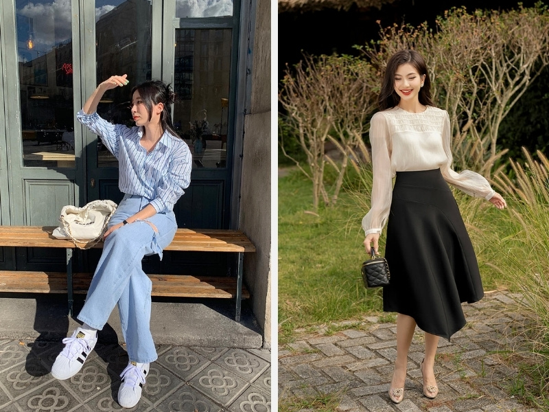 Top 30+ Kiểu Áo Sơ Mi Sang Chảnh: Xu Hướng Thời Trang HOT 2024 22 Áo sơ mi nữ mix với quần jeans - chân váy xòe
