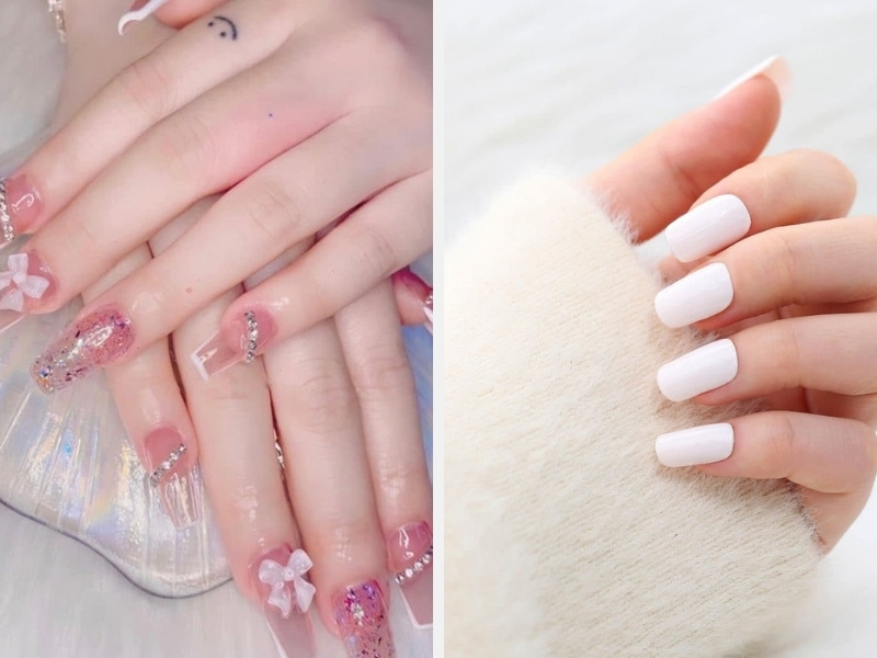 Mẫu móng tay hồng dịu dàng và quyến rũ hoặc trắng tinh khôi