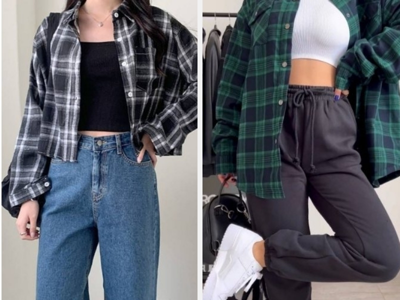 Phối Đồ Với Áo Sơ Mi Kẻ Caro Nữ: Bí Quyết Thời Trang 9 Phối áo sơ mi kẻ caro với quần jean dài và quần jogger