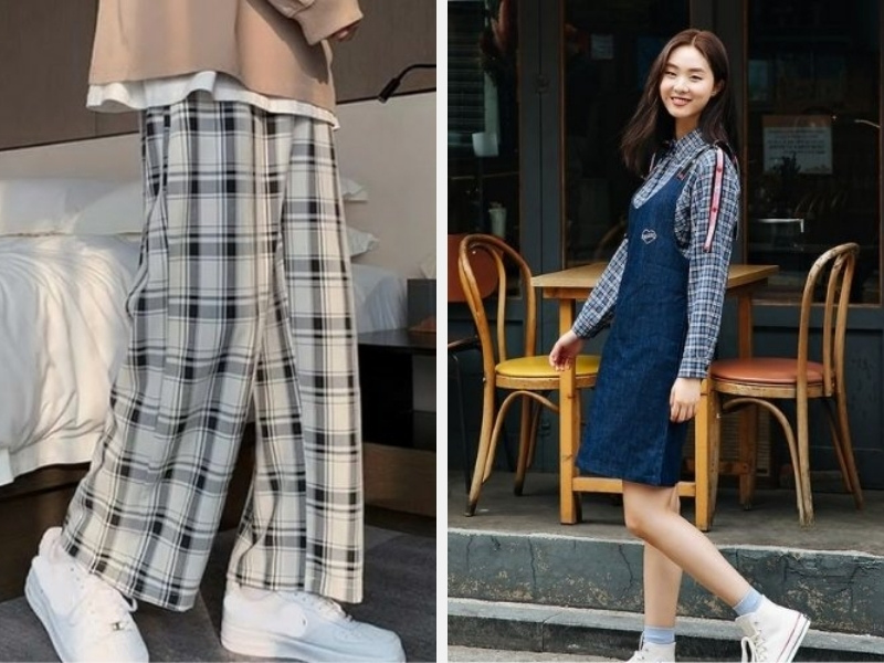 Phối Đồ Với Áo Sơ Mi Kẻ Caro Nữ: Bí Quyết Thời Trang 11 Phối áo sơ mi kẻ caro với quần kẻ sọc và yếm quần
