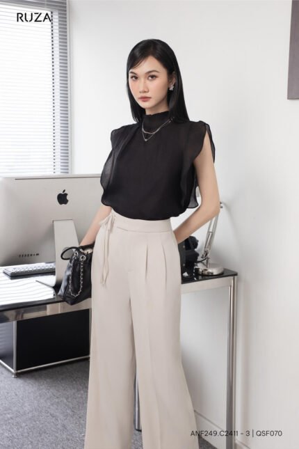 Áo sơ mi yay ngắn ANF249 đen pc2