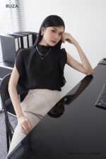 Áo sơ mi yay ngắn ANF249 đen pc3